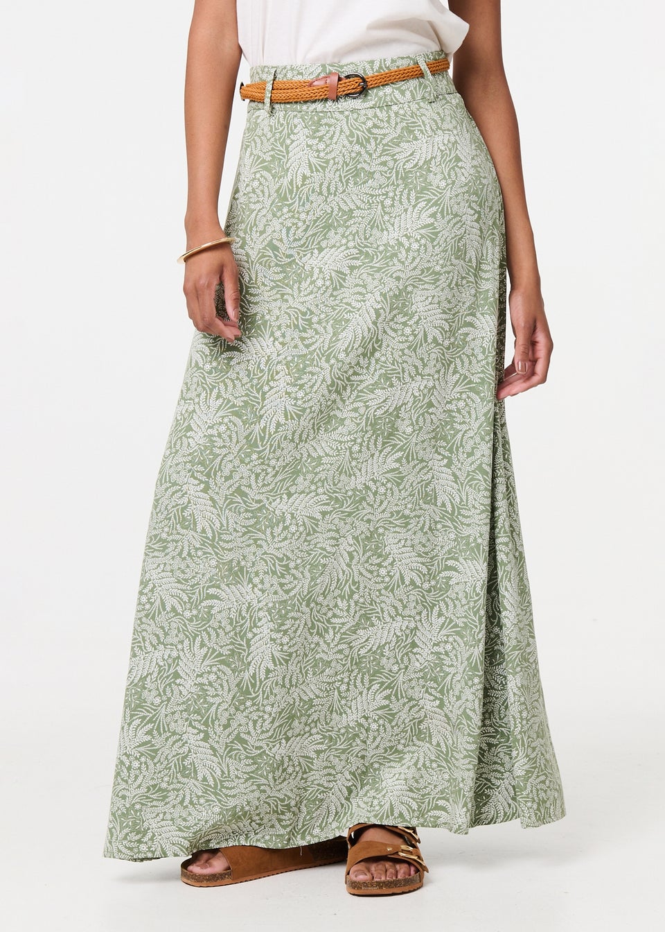 Izabel London Green Leaf Print Belt Detail Maxi Skirt