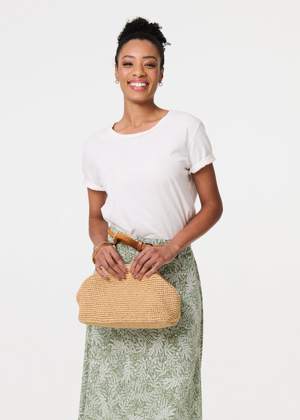 Izabel London Green Leaf Print Belt Detail Maxi Skirt