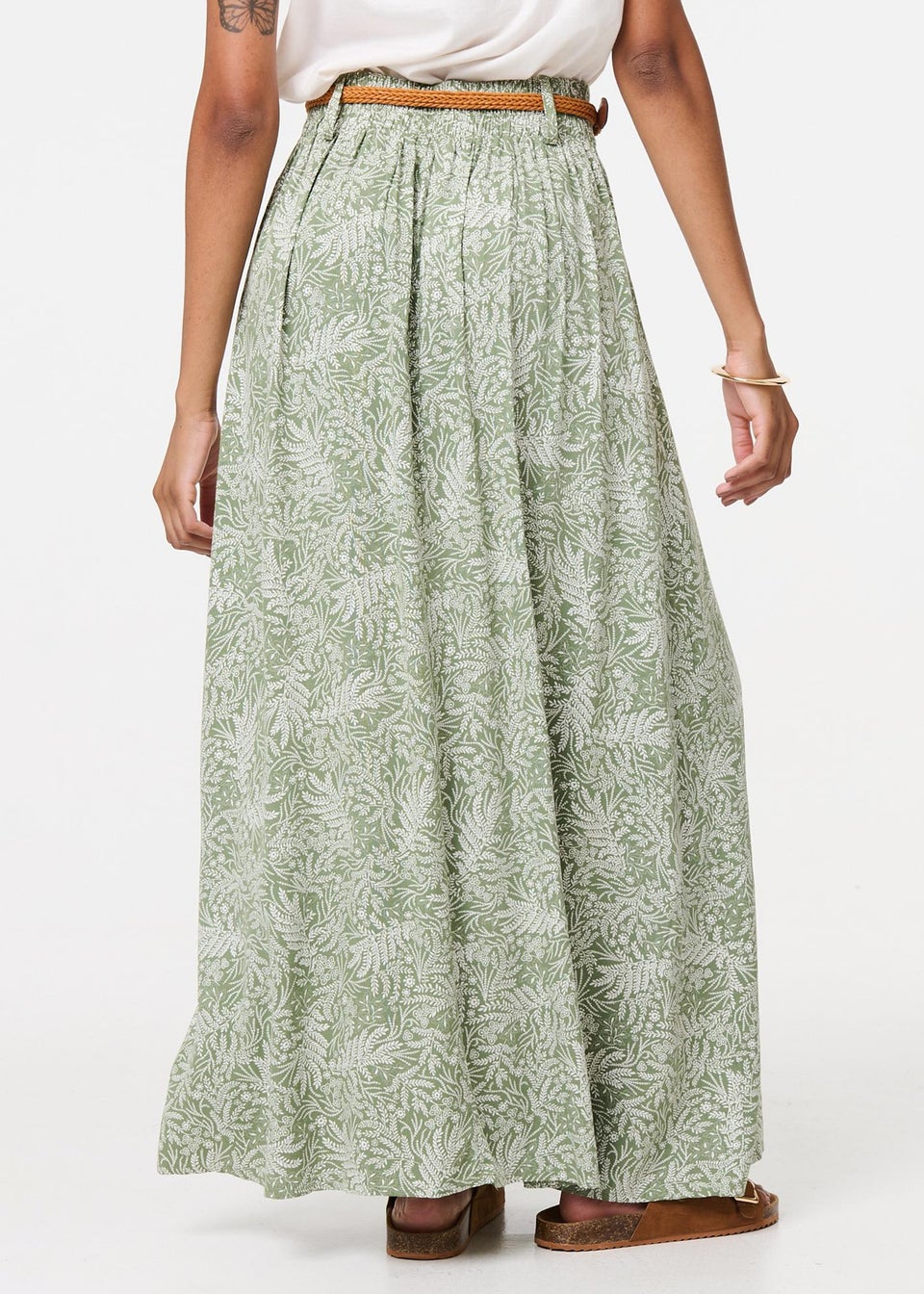 Izabel London Green Leaf Print Belt Detail Maxi Skirt