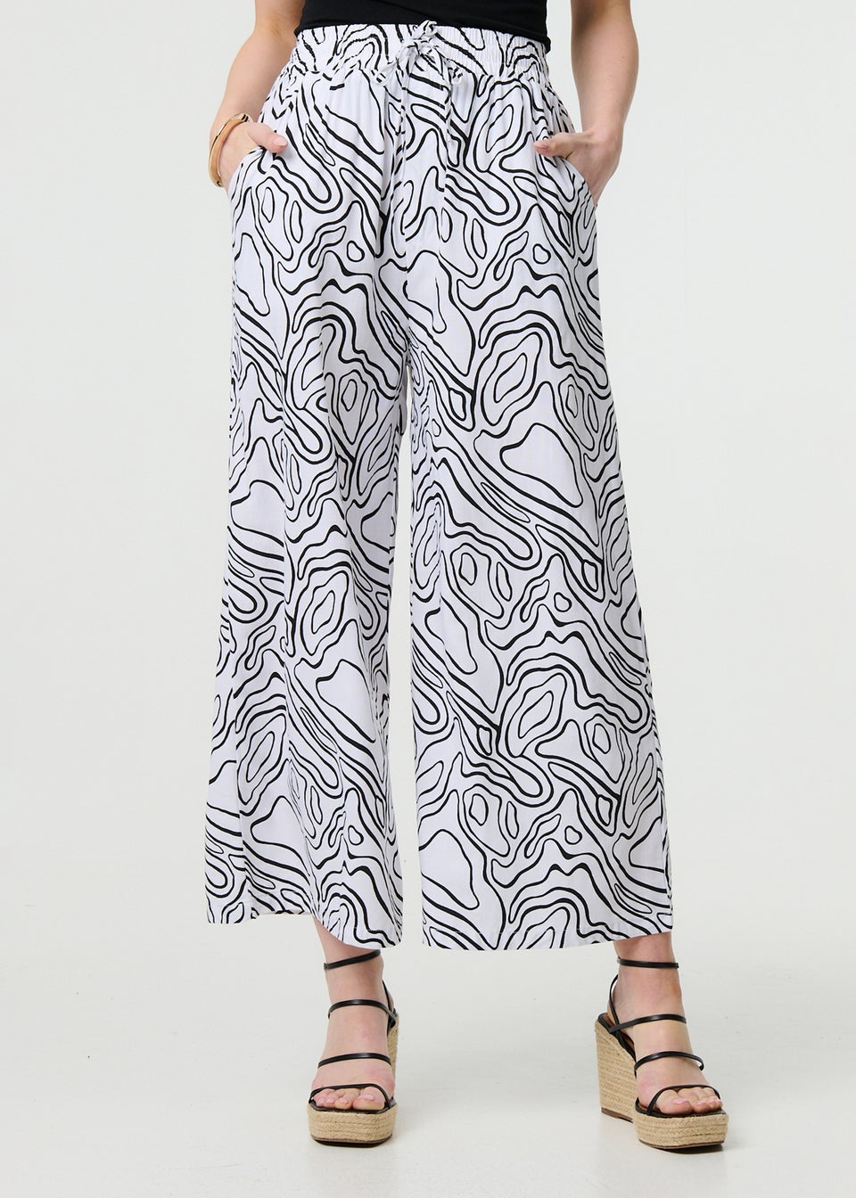 Izabel London White Abstract Print High Waist Wide Leg Trousers
