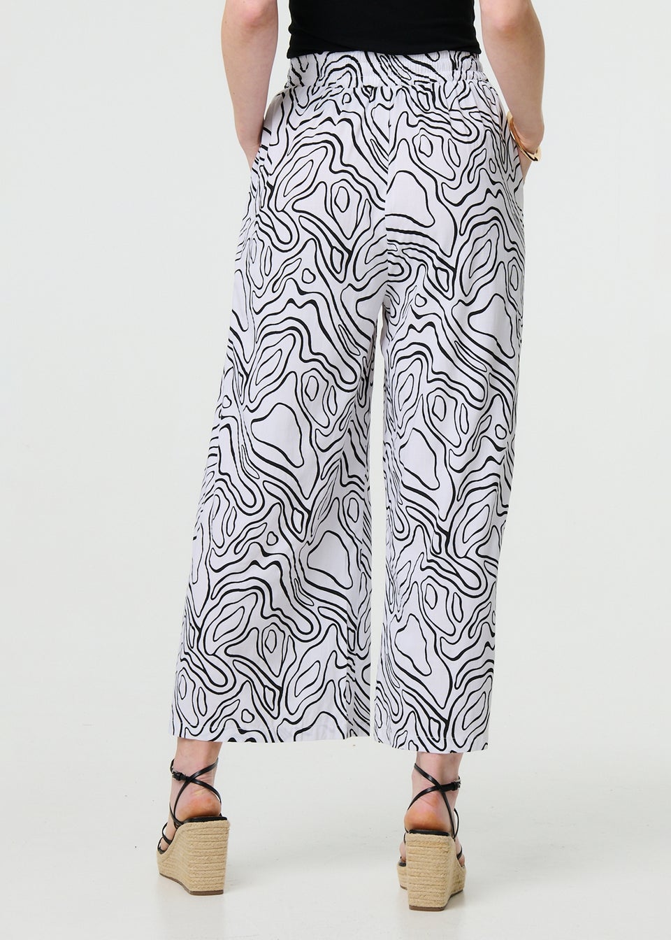 Izabel London White Abstract Print High Waist Wide Leg Trousers