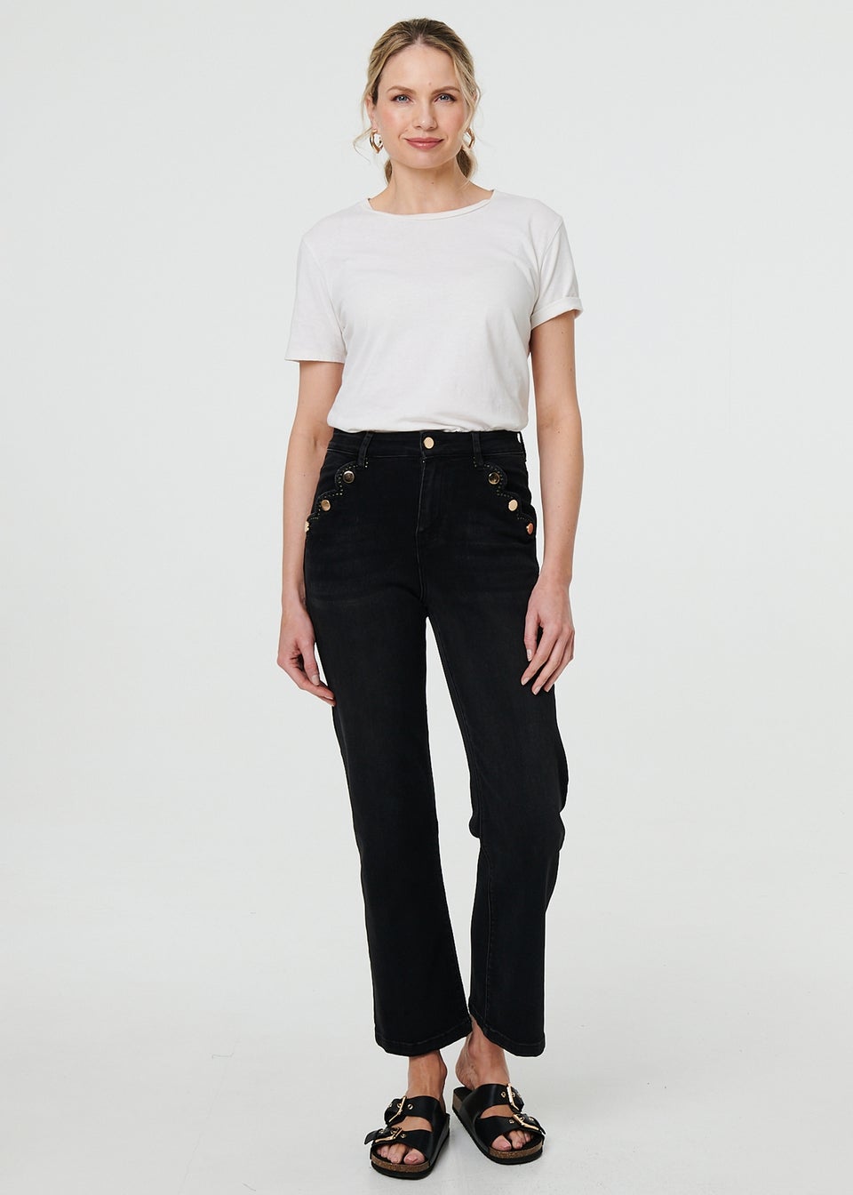 Izabel London Black Mid Rise Scalloped Pocket Jeans