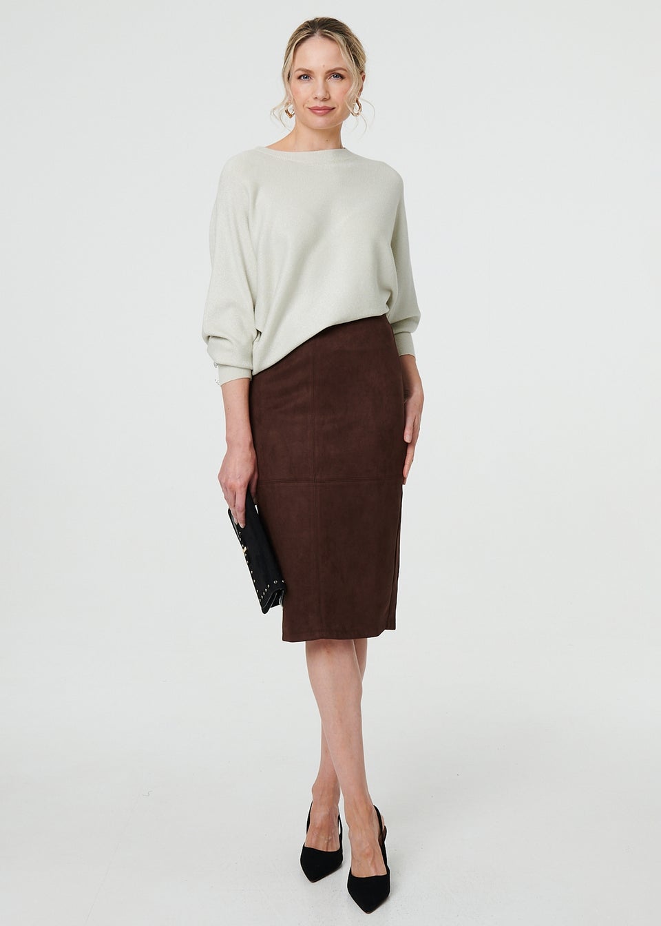 Izabel London Brown Faux Suede Knee Length Pencil Skirt