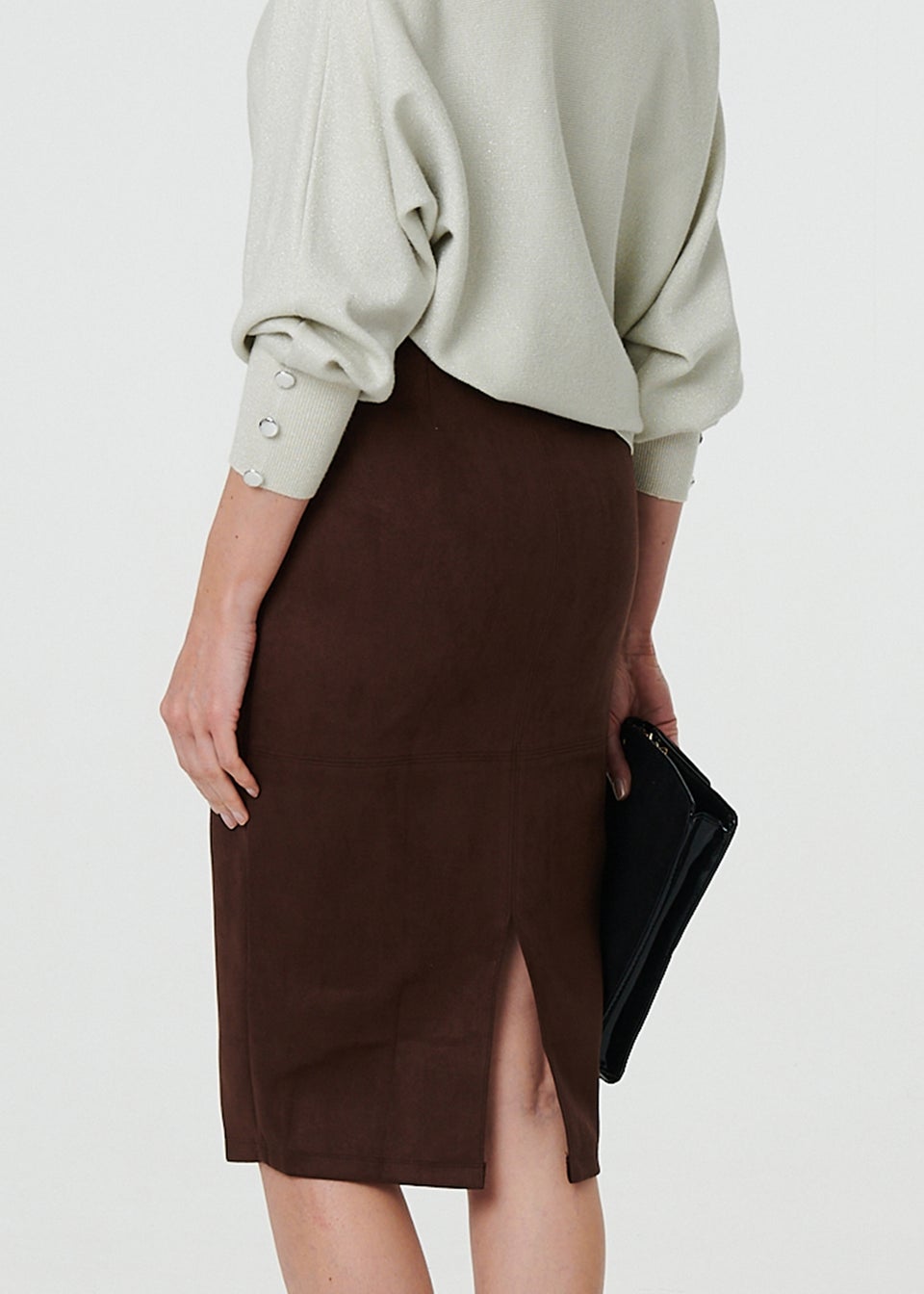 Izabel London Brown Faux Suede Knee Length Pencil Skirt
