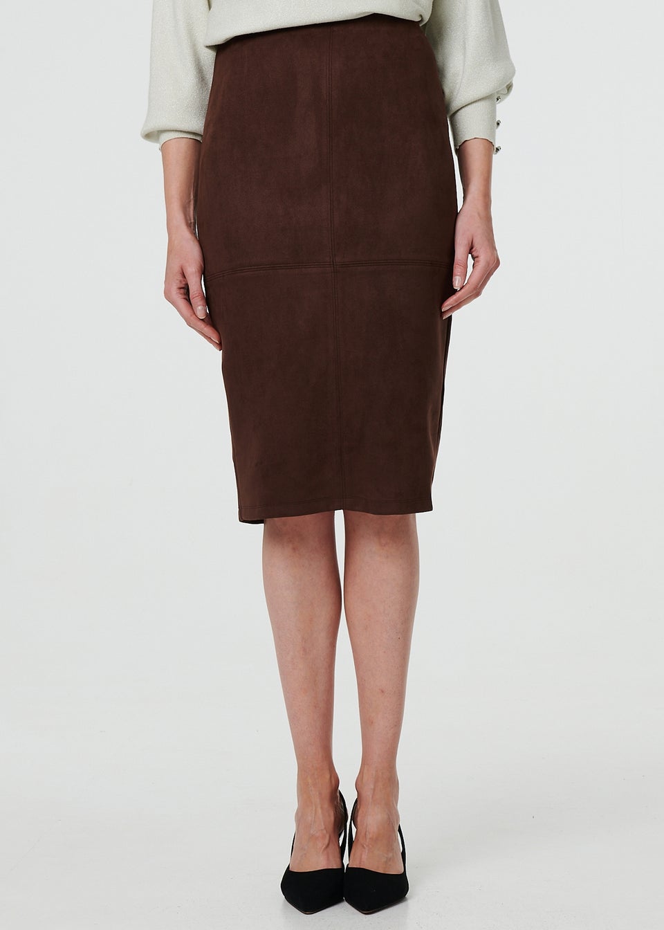Izabel London Brown Faux Suede Knee Length Pencil Skirt