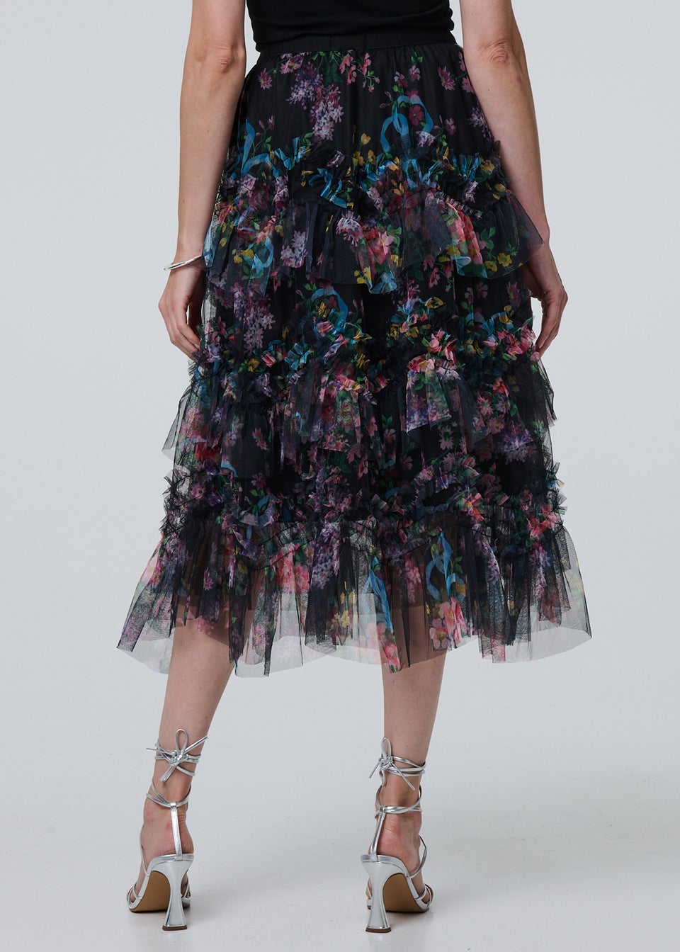 Izabel London Black Floral Semi Sheer Mesh Ruffled Midi Skirt