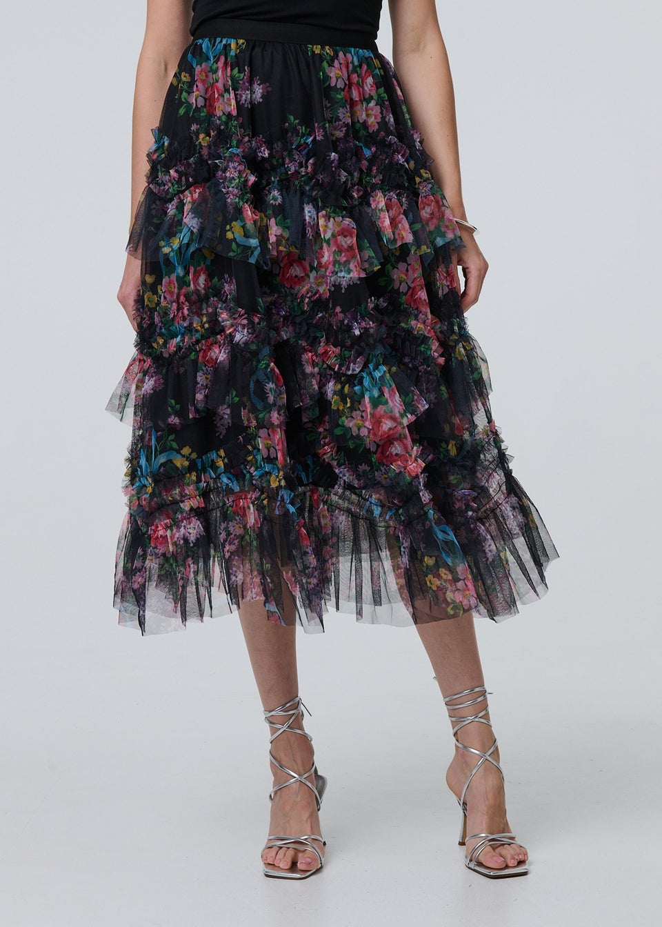 Izabel London Black Floral Semi Sheer Mesh Ruffled Midi Skirt