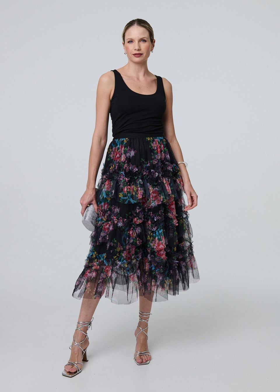 Izabel London Black Floral Semi Sheer Mesh Ruffled Midi Skirt