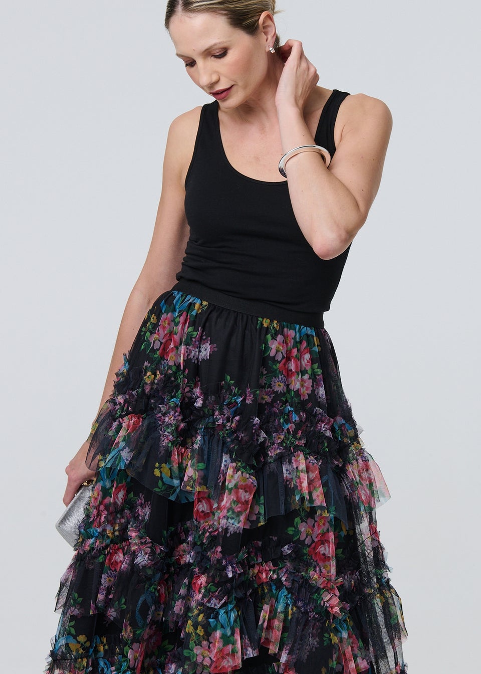 Izabel London Black Floral Semi Sheer Mesh Ruffled Midi Skirt