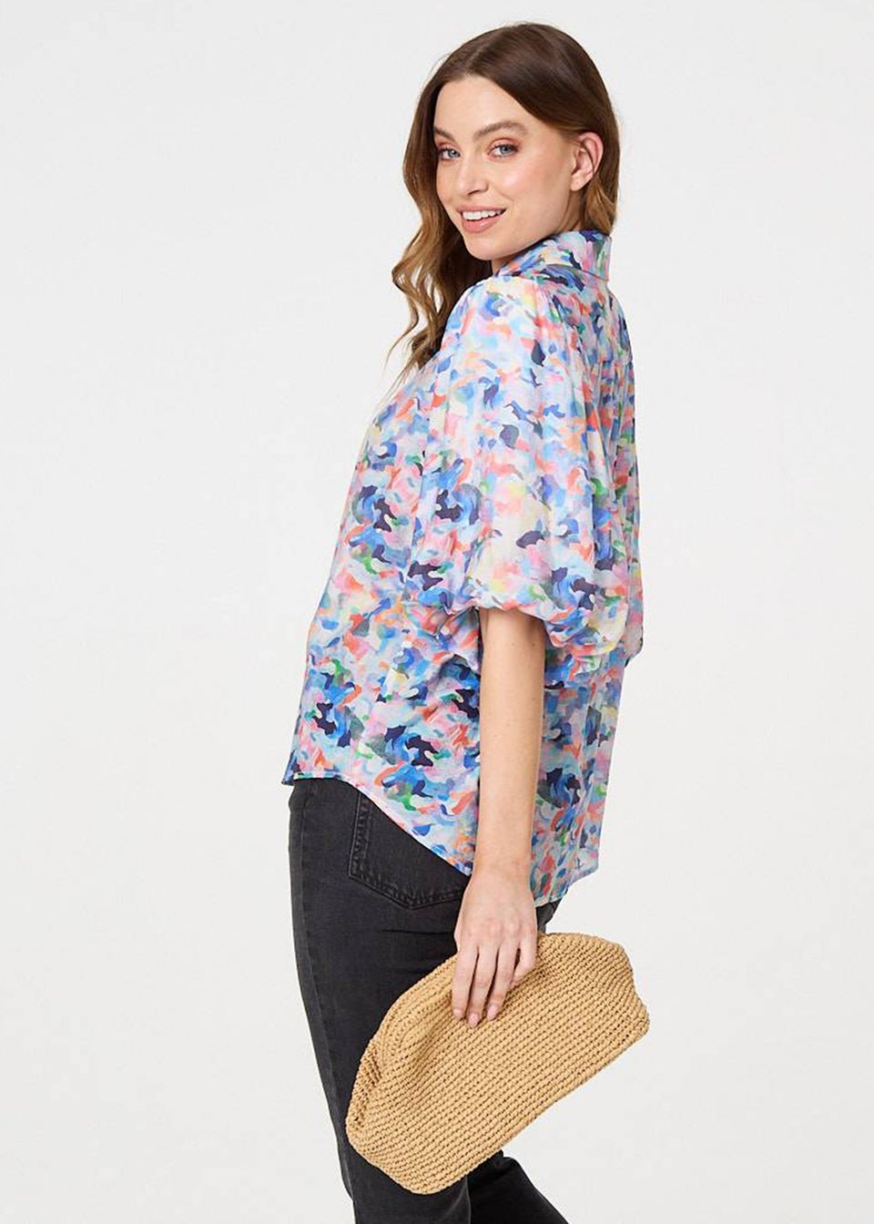 Izabel London Blue Printed Puff Sleeve Collared Shirt