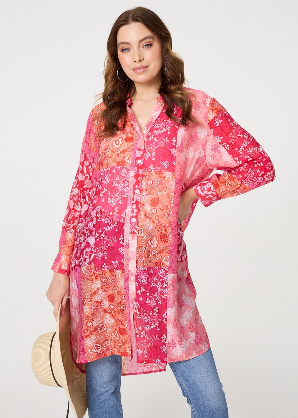 Izabel London Red Patchwork Print Semi Sheer Longline Shirt