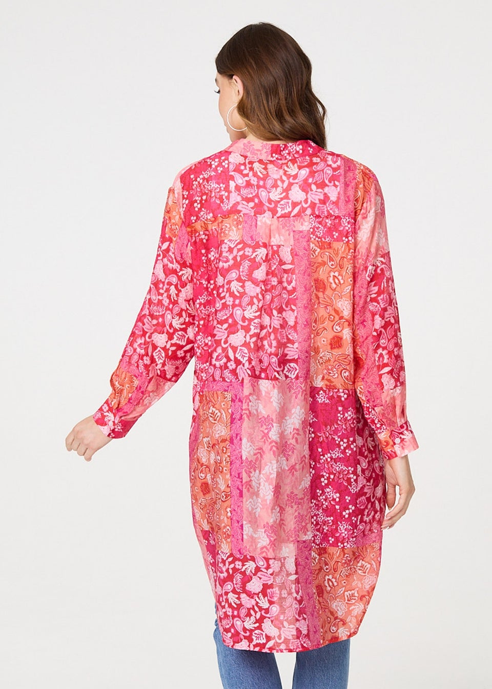 Izabel London Red Patchwork Print Semi Sheer Longline Shirt