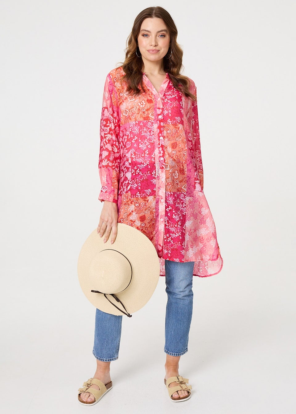 Izabel London Red Patchwork Print Semi Sheer Longline Shirt