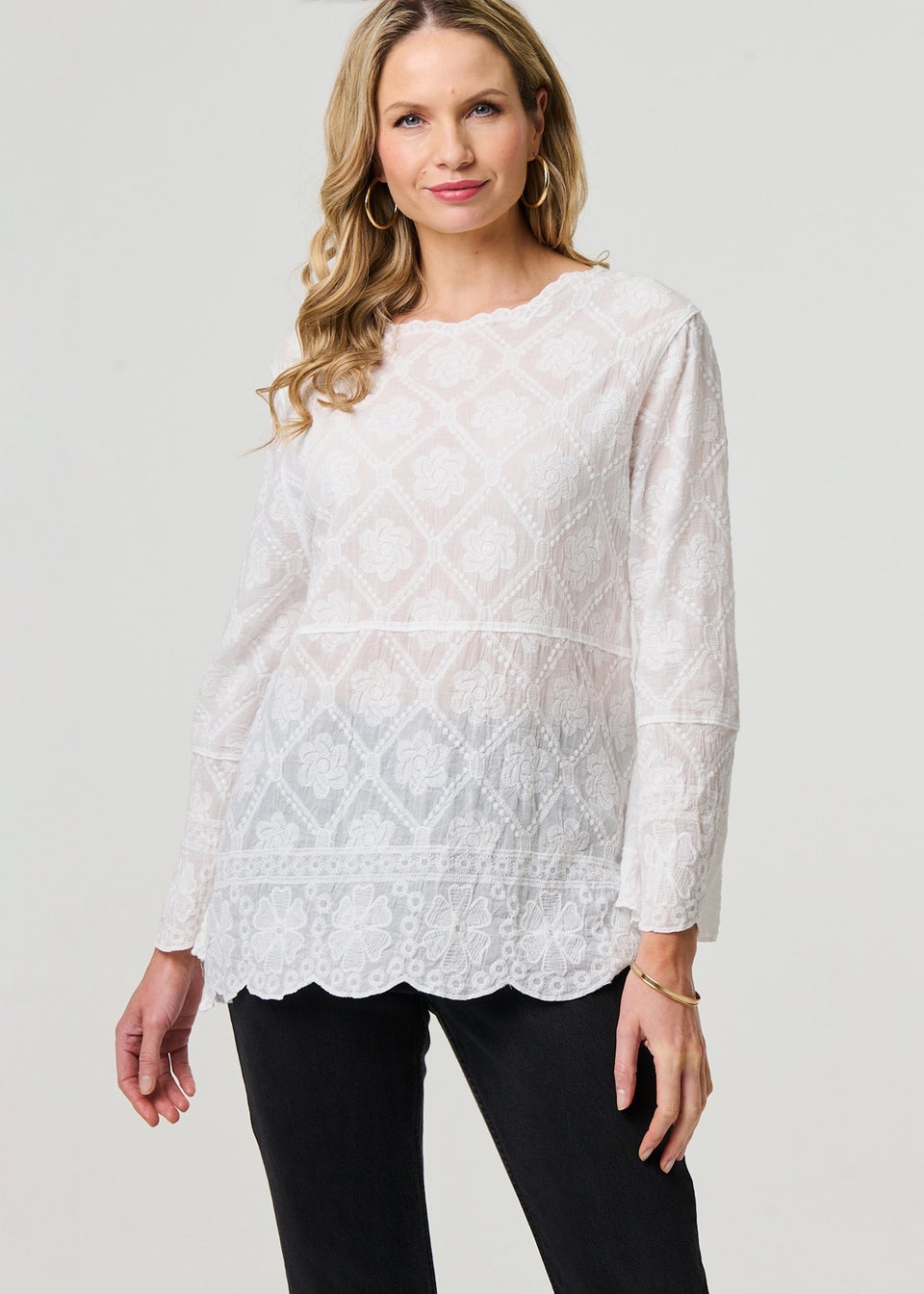 Izabel London White Lace Semi Sheer Long Sleeve Blouse
