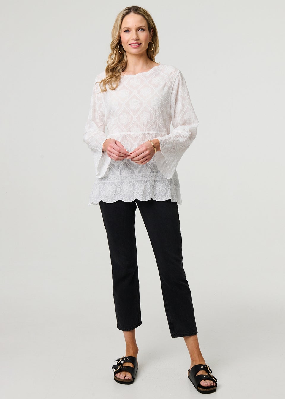 Izabel London White Lace Semi Sheer Long Sleeve Blouse