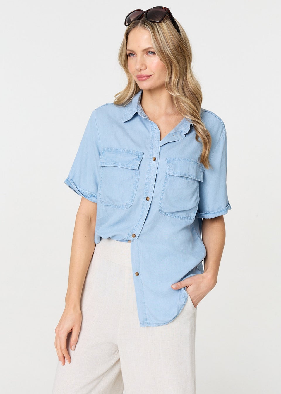 Izabel London Light Blue Short Sleeve Boxy Pocket Detail Shirt