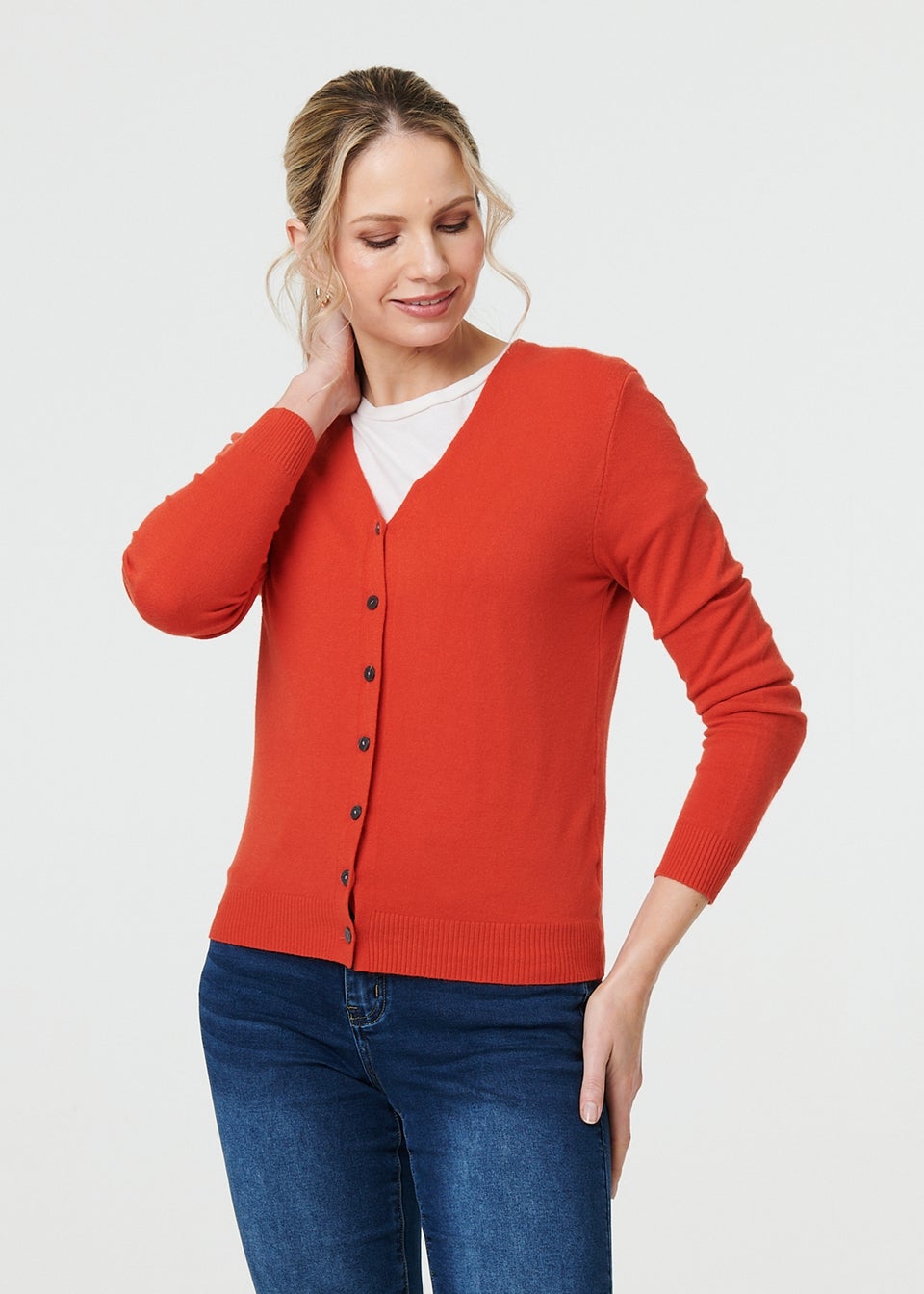 Izabel London Orange Cropped Button Up Slim Knit Cardigan