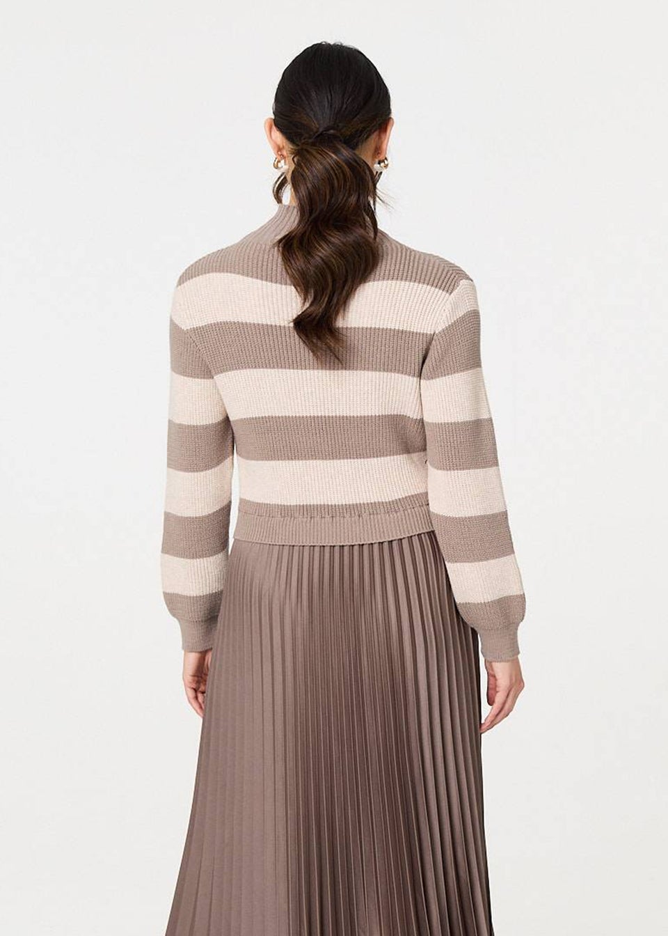 Izabel London Brown Striped High Neck Pleat Knit Maxi Dress