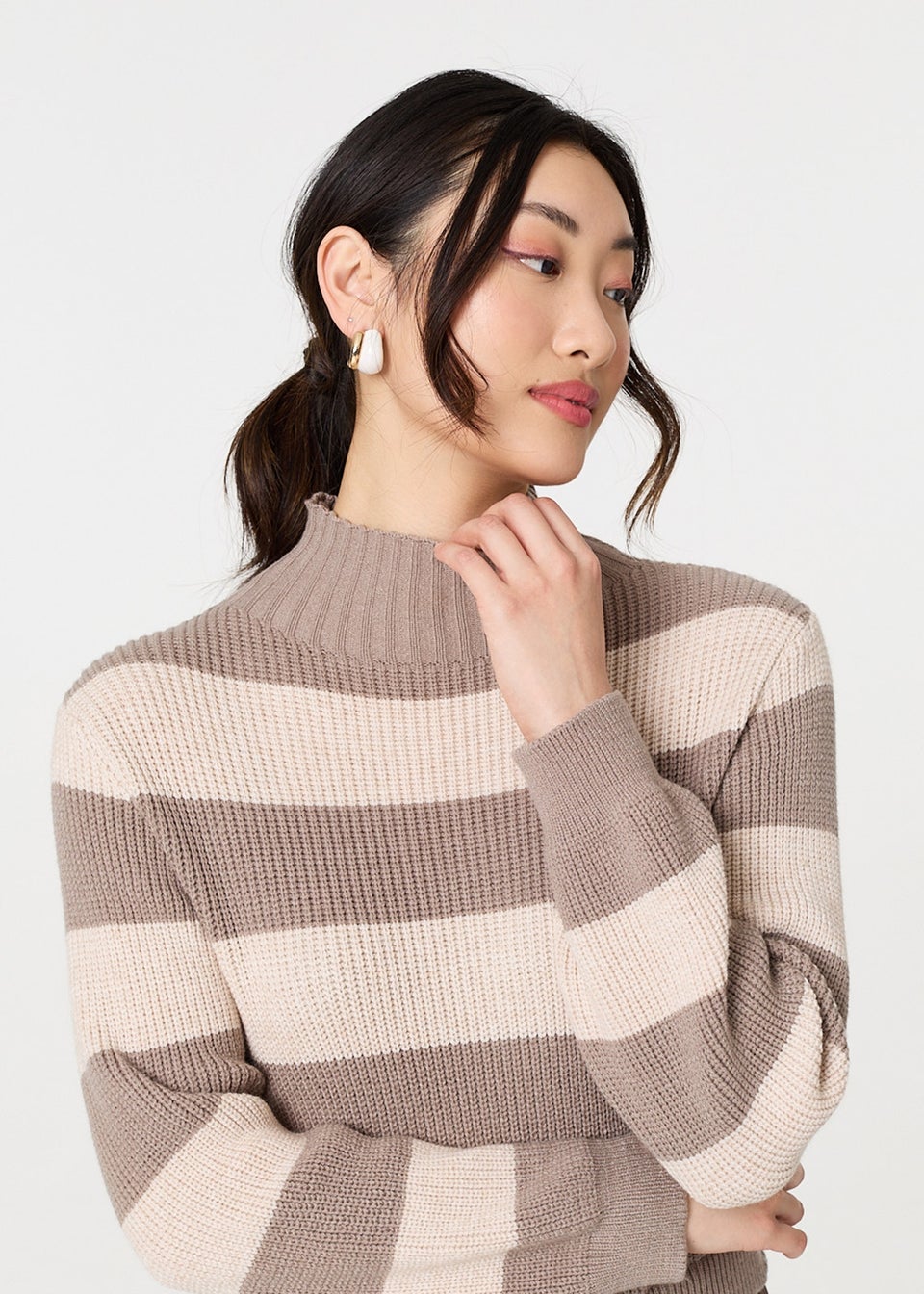 Izabel London Brown Striped High Neck Pleat Knit Maxi Dress