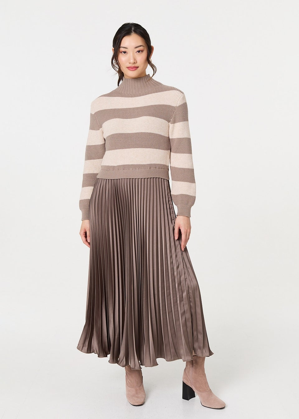 Izabel London Brown Striped High Neck Pleat Knit Maxi Dress