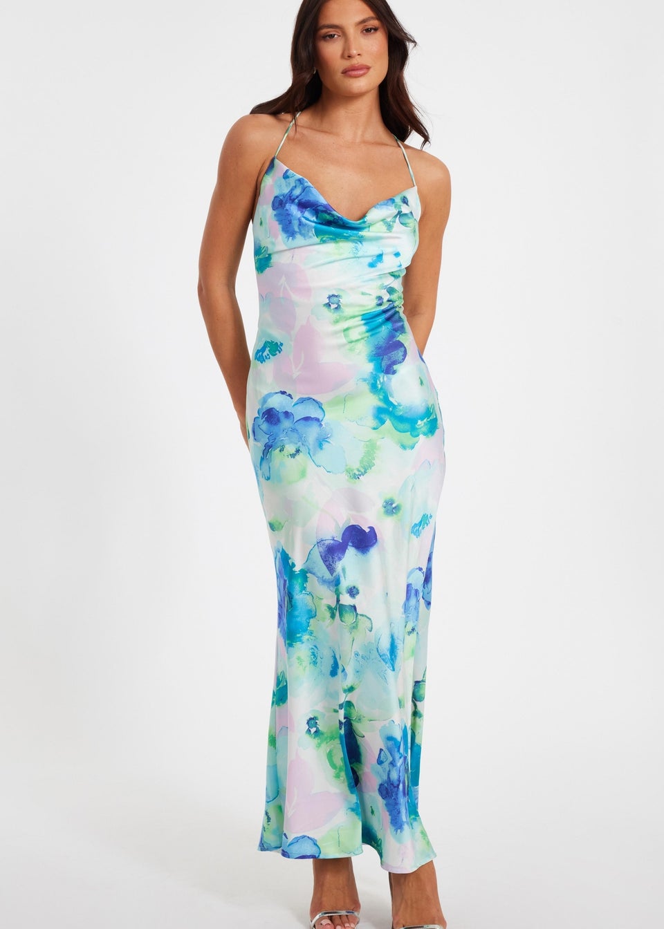 Quiz Blue Satin Tie Dye Midaxi Dress
