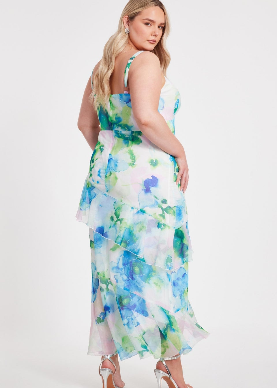 Quiz Blue Curve Floral Chiffon Midaxi Dress
