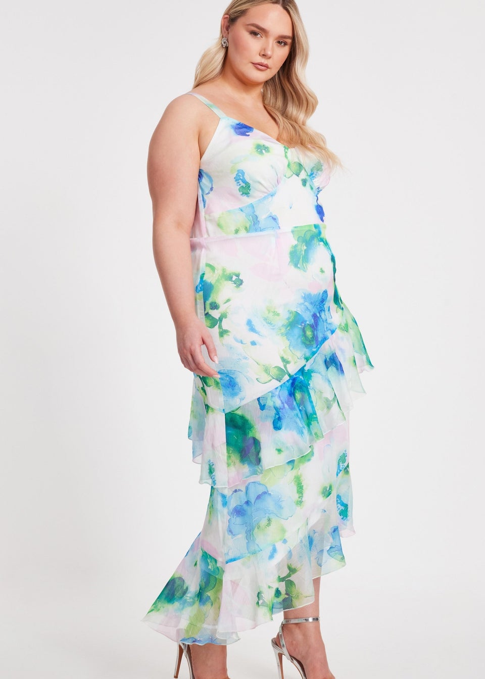Quiz Blue Curve Floral Chiffon Midaxi Dress