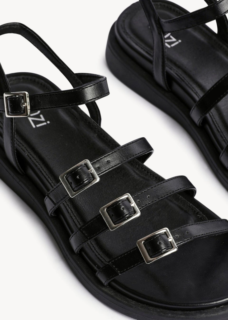 Linzi Twilight Black Faux Leather Triple Buckle Footbed Sandals