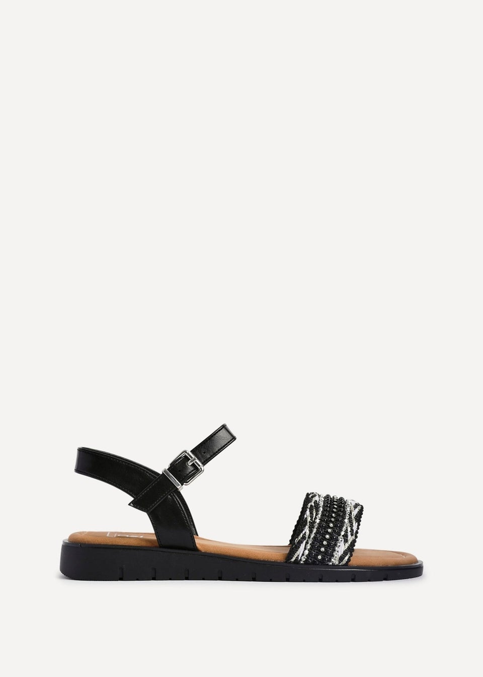 Linzi Halo Black Weaved Embellished Flat Sandals