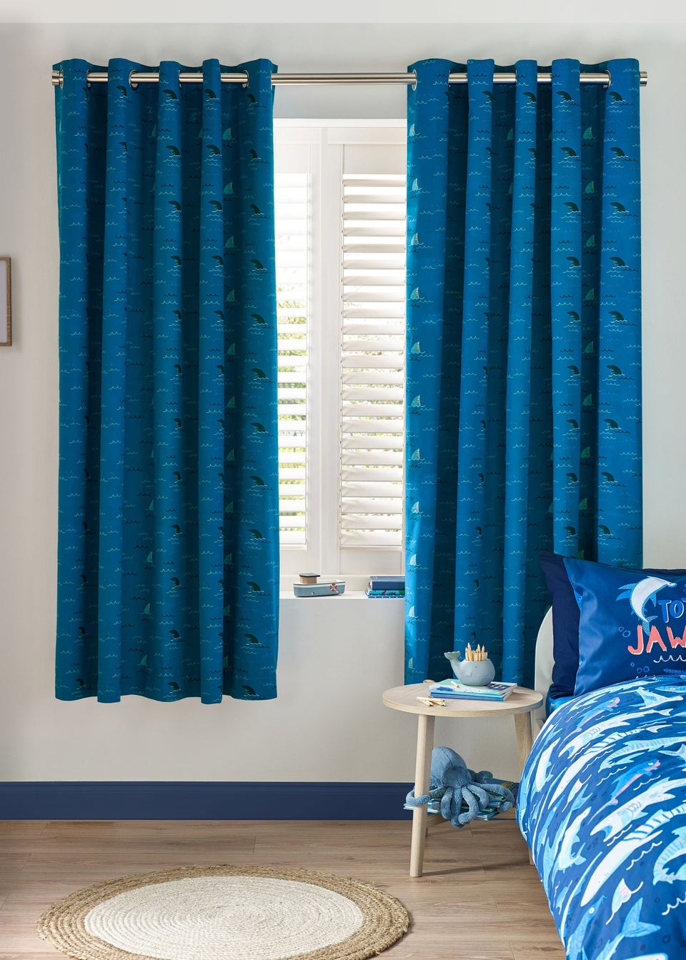 Catherine Lansfield Kids Blue Jawsome Shark Fully Reversible Eyelet Curtains