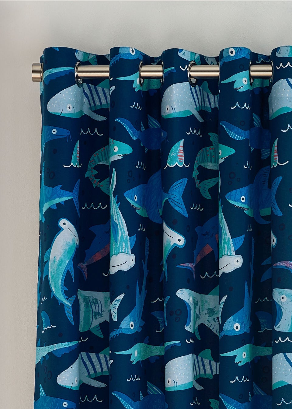 Catherine Lansfield Kids Blue Jawsome Shark Fully Reversible Eyelet Curtains