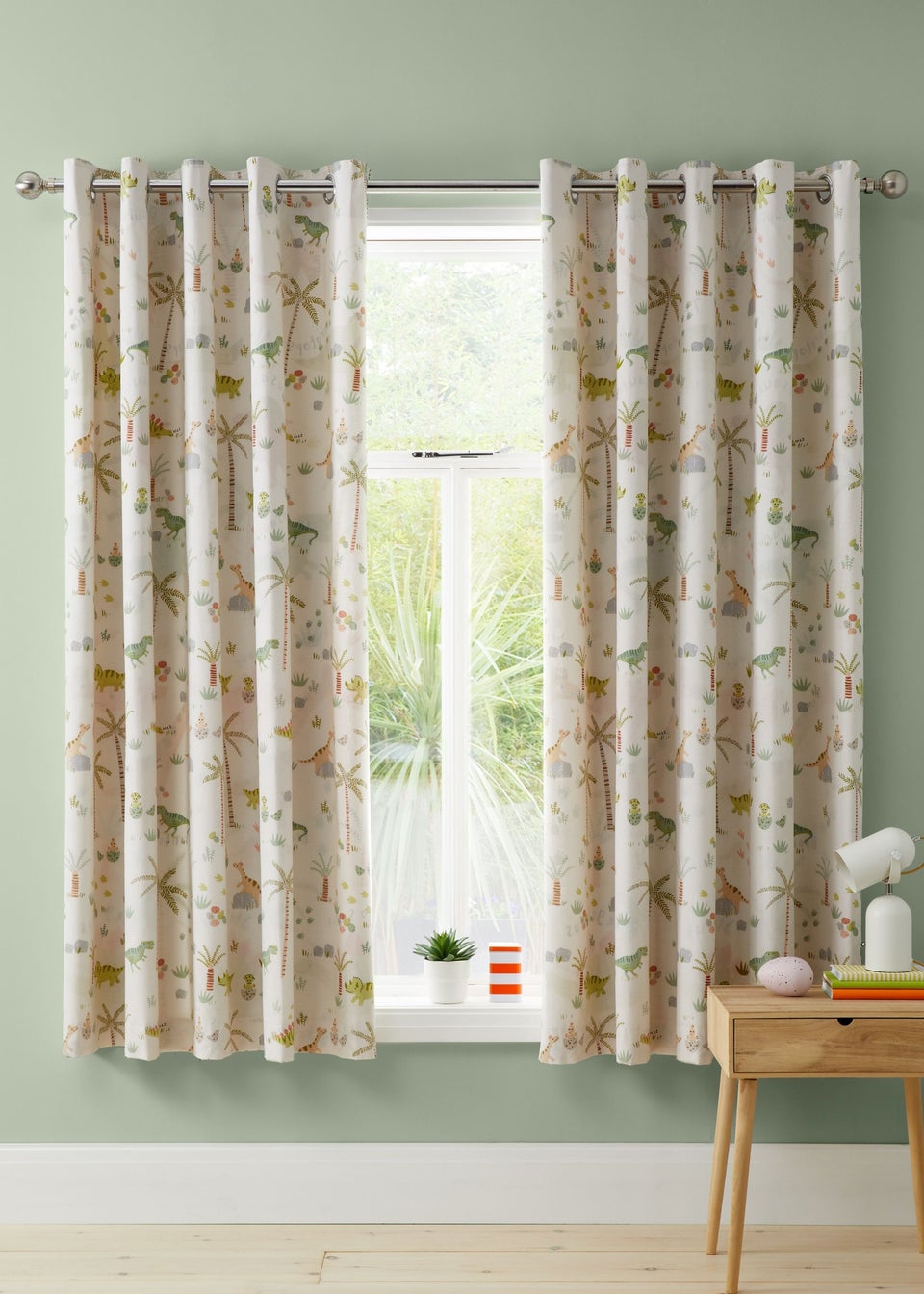 Catherine Lansfield Sleepy Dino Fully Reversible Natural Green Eyelet Curtains