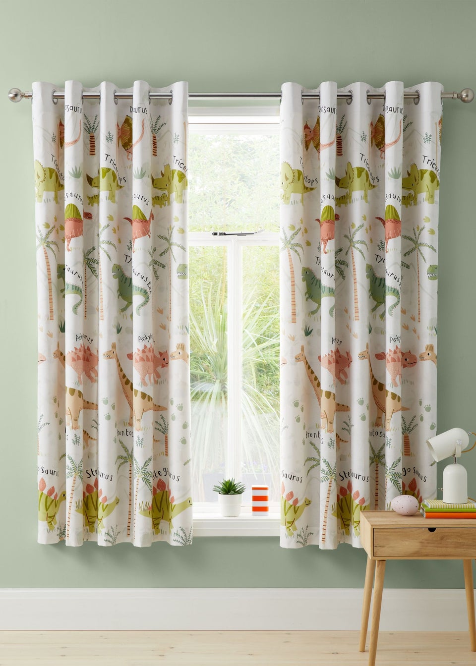 Catherine Lansfield Sleepy Dino Fully Reversible Natural Green Eyelet Curtains
