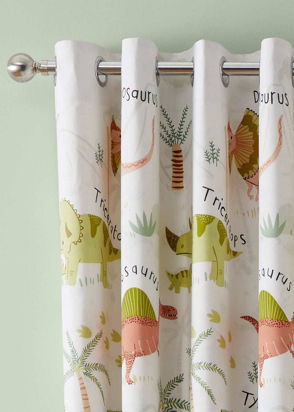 Catherine Lansfield Sleepy Dino Fully Reversible Natural Green Eyelet Curtains