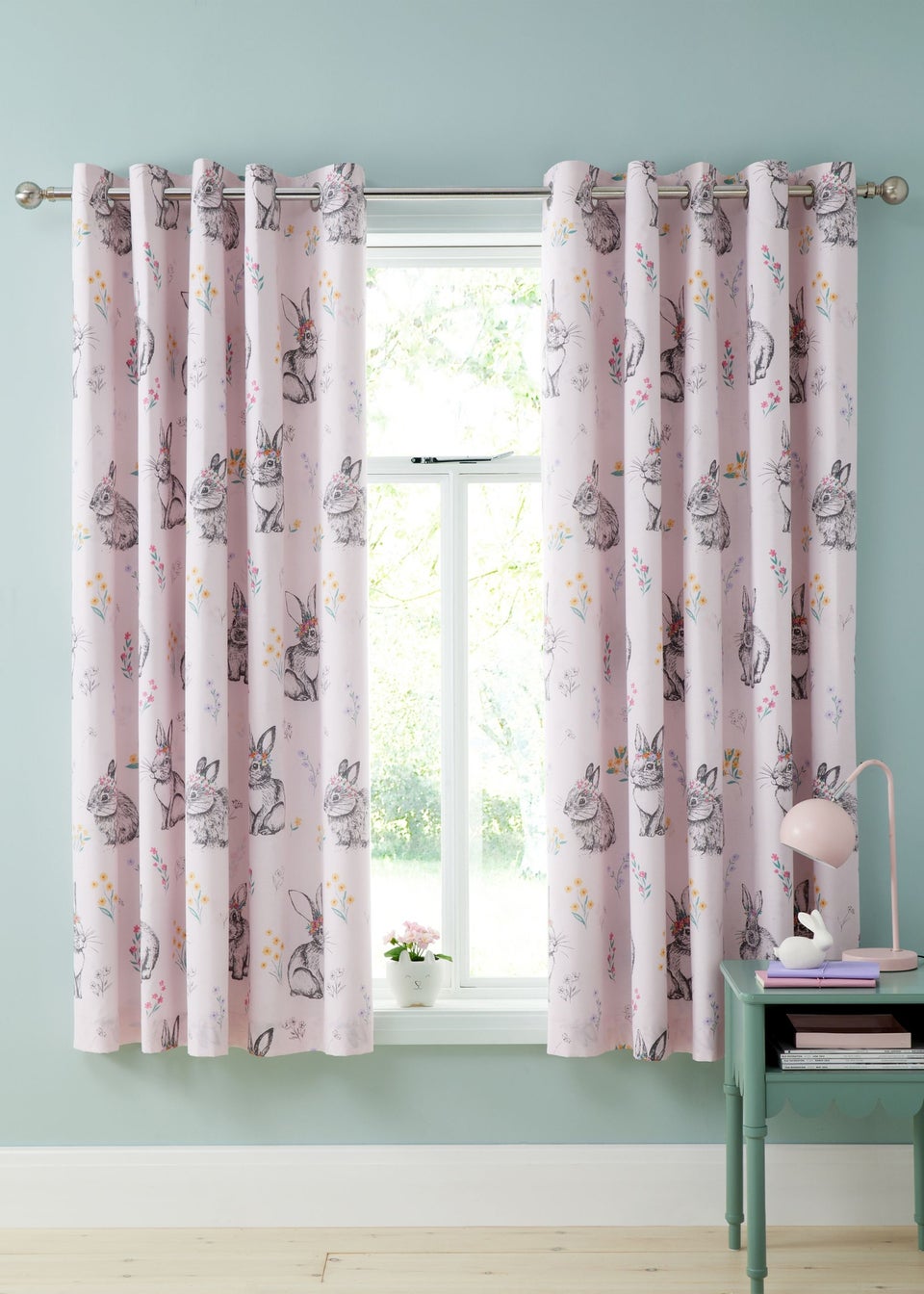 Catherine Lansfield Pink Bunny Tails Ditsy Flowers Fully Reversible Eyelet Curtains