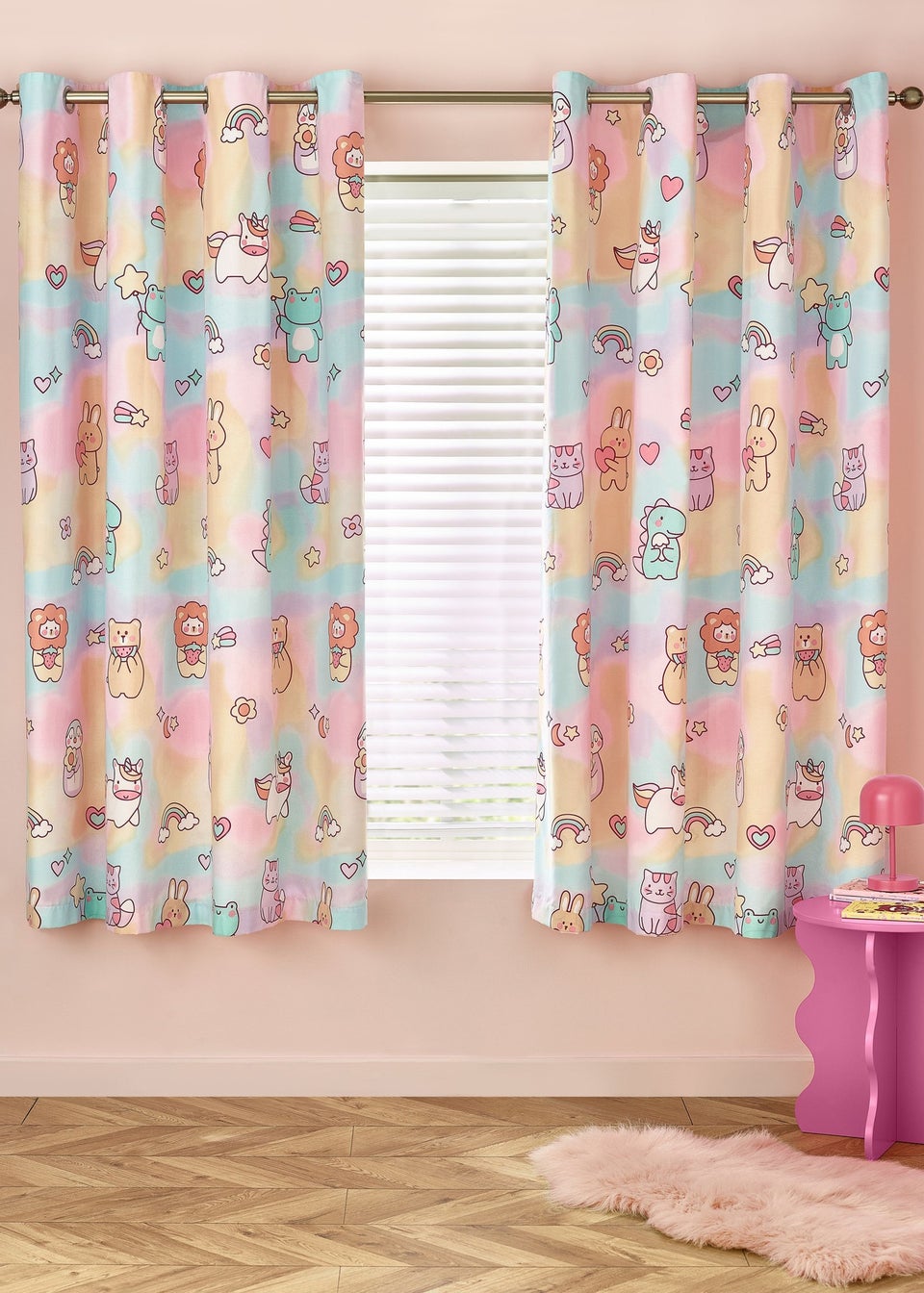Catherine Lansfield Kids Pink Pastels Forever Together Fully Reversible Eyelet Curtains