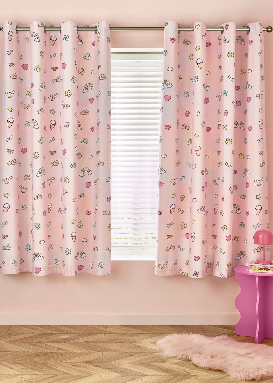 Catherine Lansfield Kids Pink Pastels Forever Together Fully Reversible Eyelet Curtains