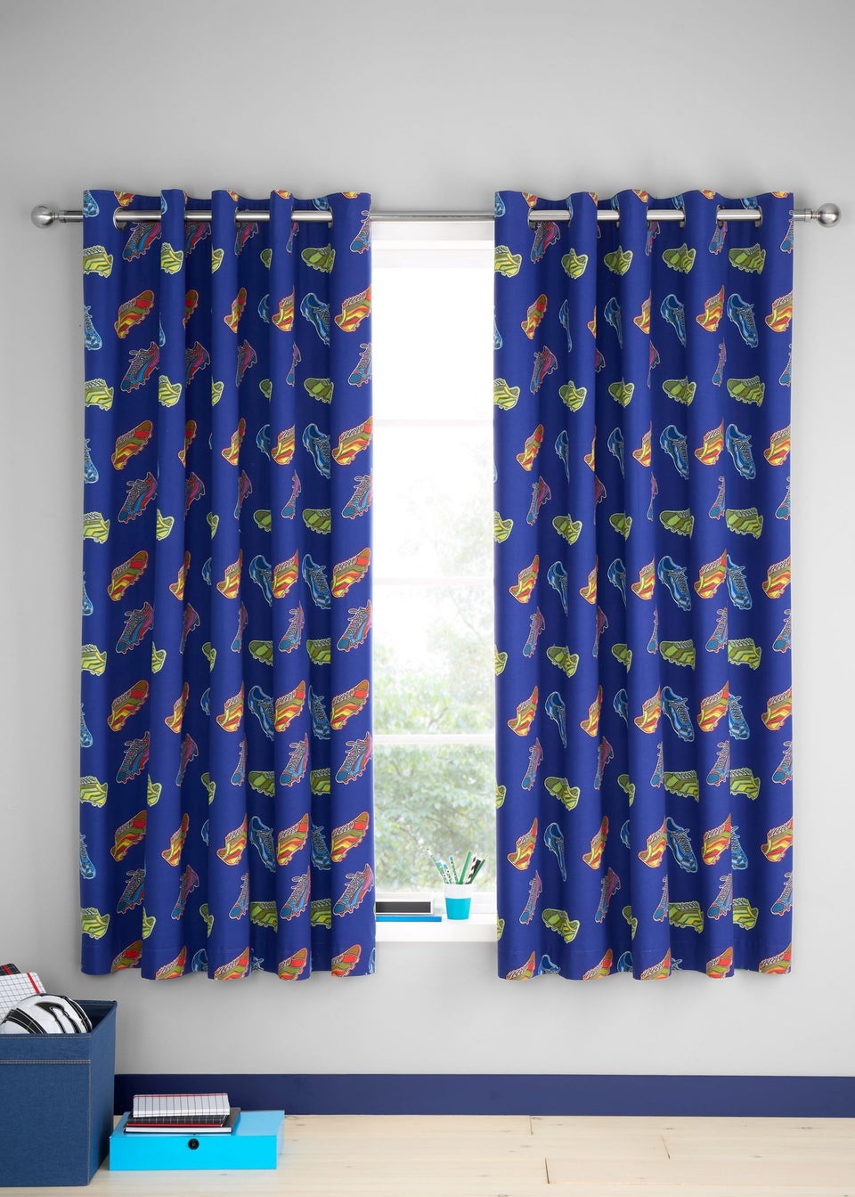 Catherine Lansfield Bright Blue Football Fully Reversible Eyelet Curtains