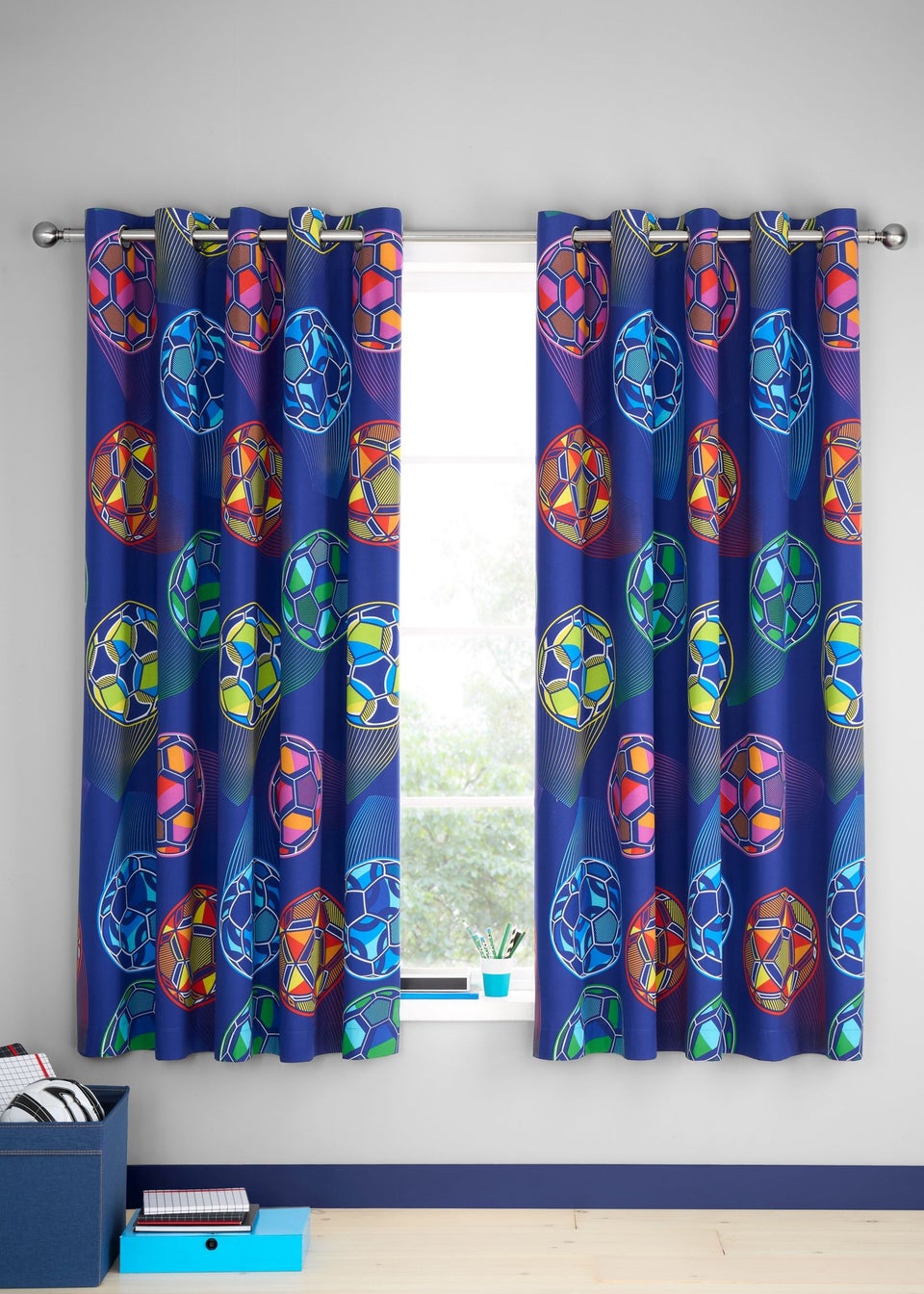 Catherine Lansfield Bright Blue Football Fully Reversible Eyelet Curtains