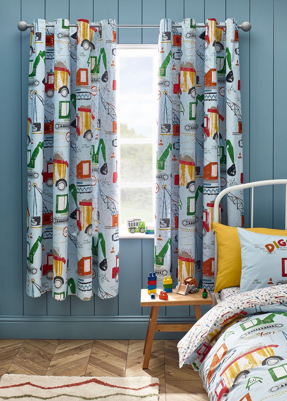 Catherine Lansfield Kids Blue Digger Dreams Fully Reversible Eyelet Curtains