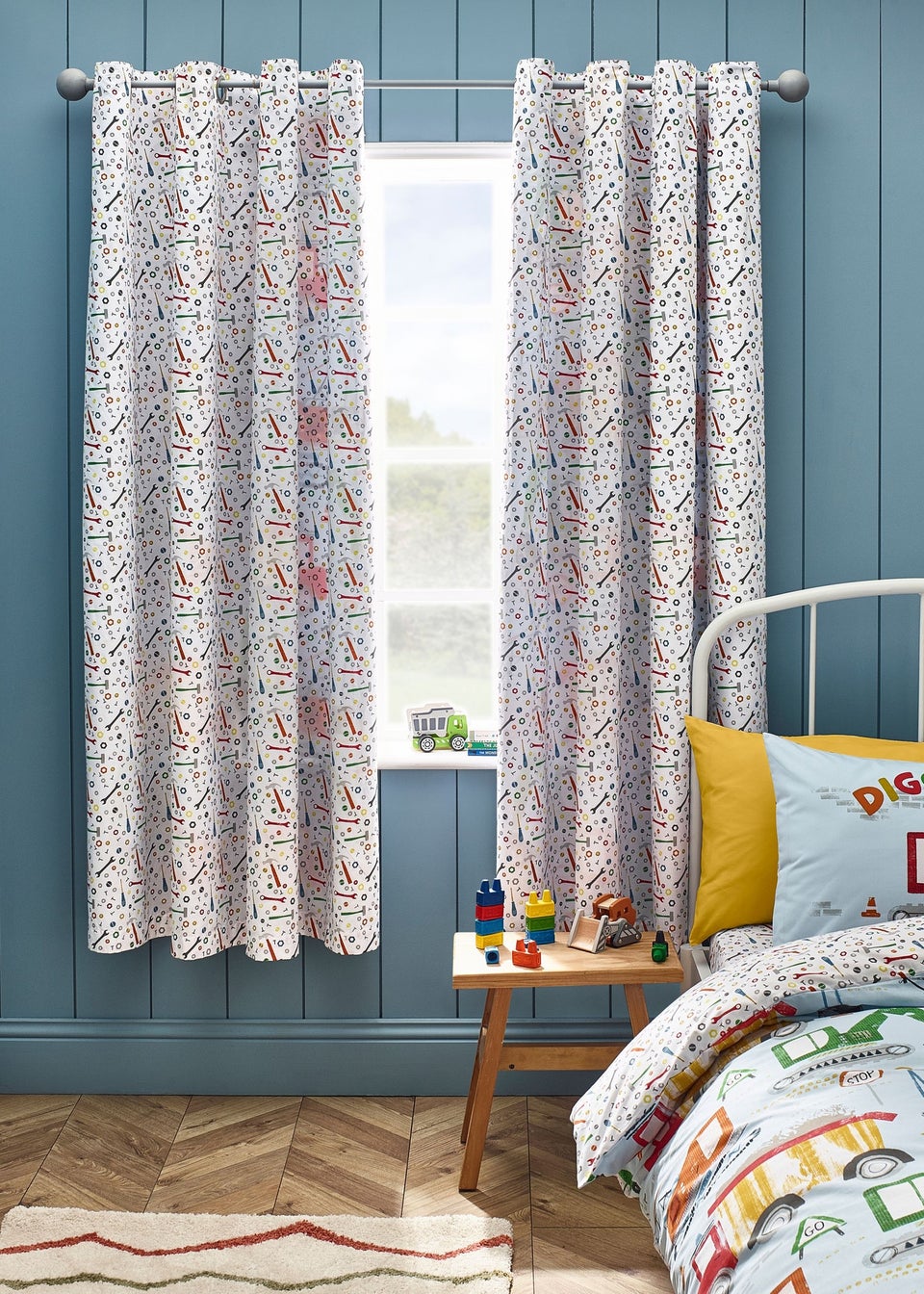 Catherine Lansfield Kids Blue Digger Dreams Fully Reversible Eyelet Curtains