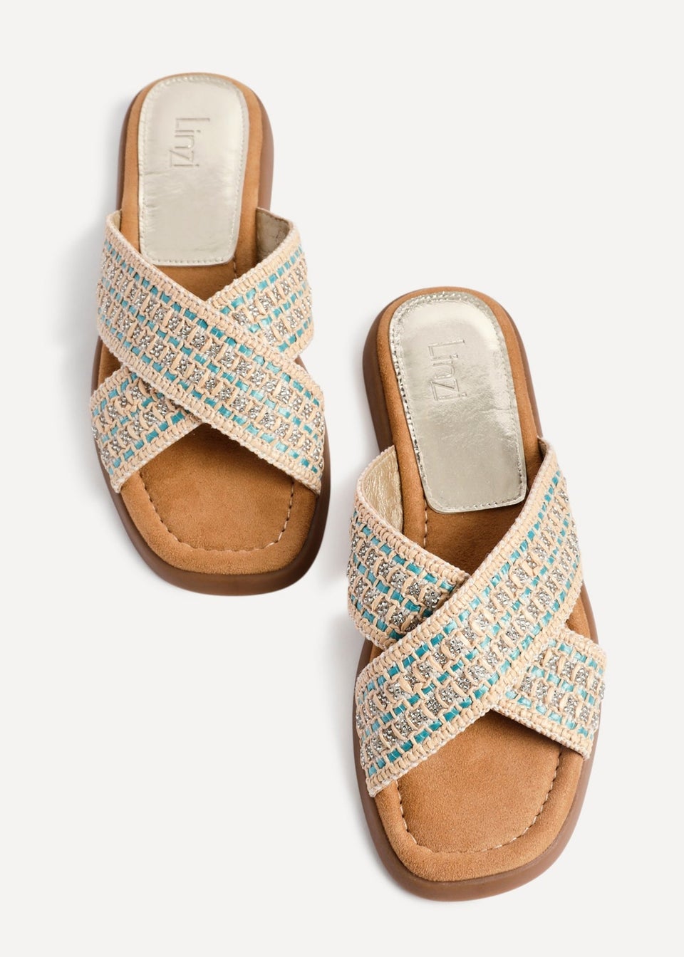 Linzi Genie Blue Embellished Raffia Flat Slider Sandal