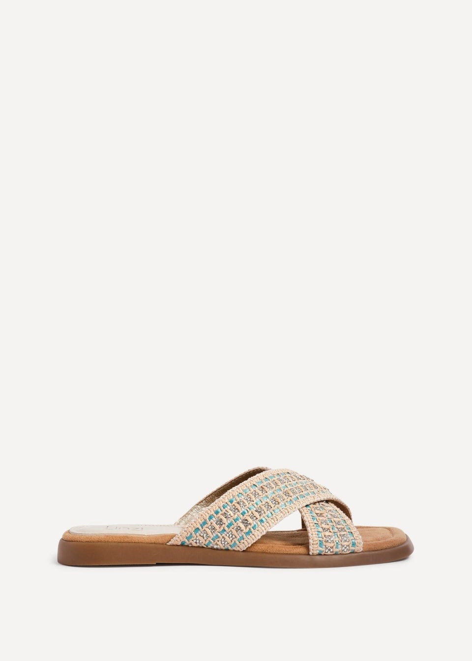 Linzi Genie Blue Embellished Raffia Flat Slider Sandal
