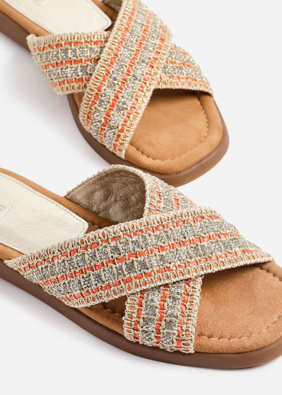 Linzi Genie Orange Embellished Raffia Flat Slider Sandal