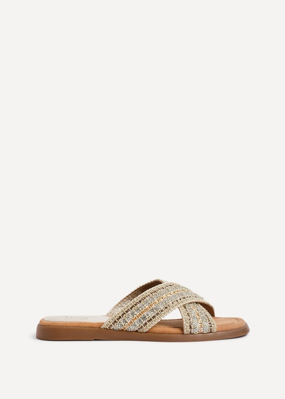 Linzi Genie Gold Embellished Raffia Flat Slider Sandal