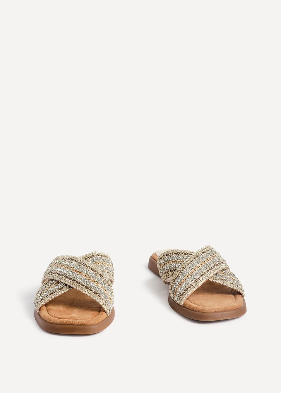 Linzi Genie Gold Embellished Raffia Flat Slider Sandal