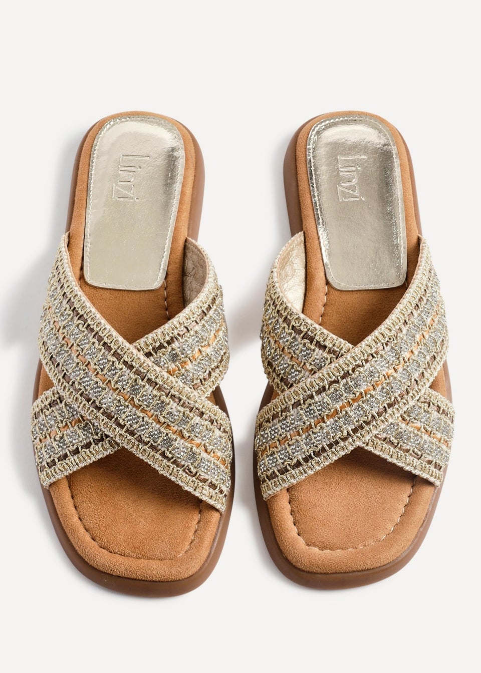 Linzi Genie Gold Embellished Raffia Flat Slider Sandal