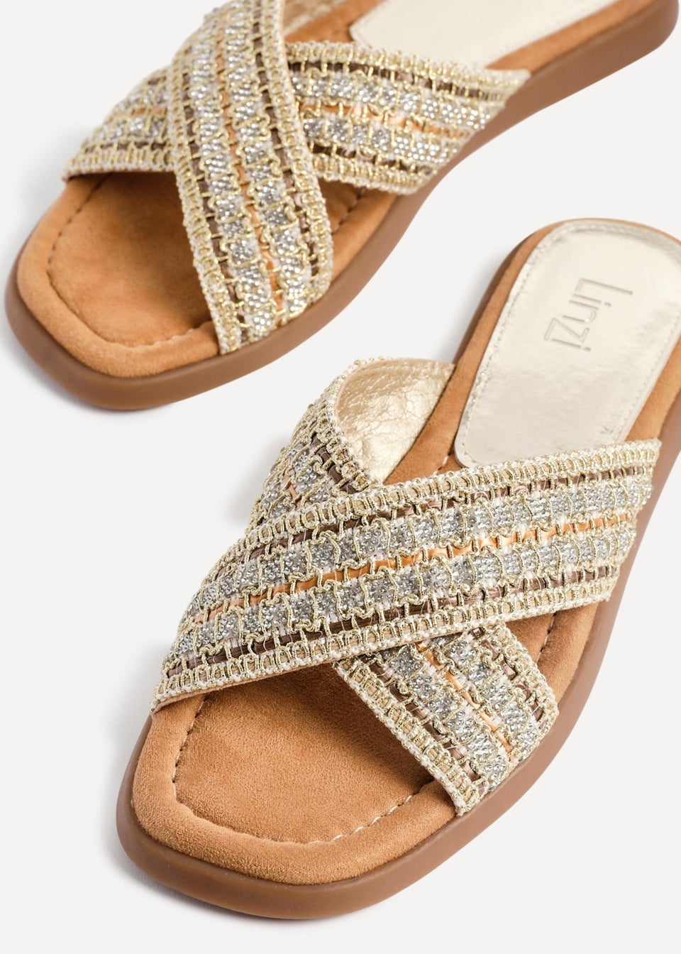 Linzi Genie Gold Embellished Raffia Flat Slider Sandal