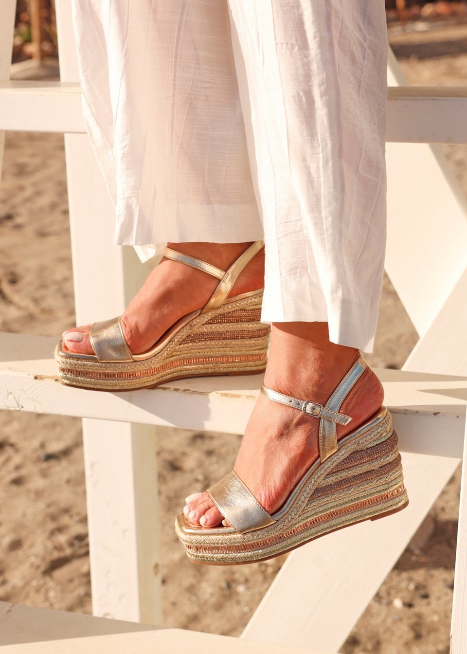 Linzi Icon Gold Faux Leather Embellished Wedge