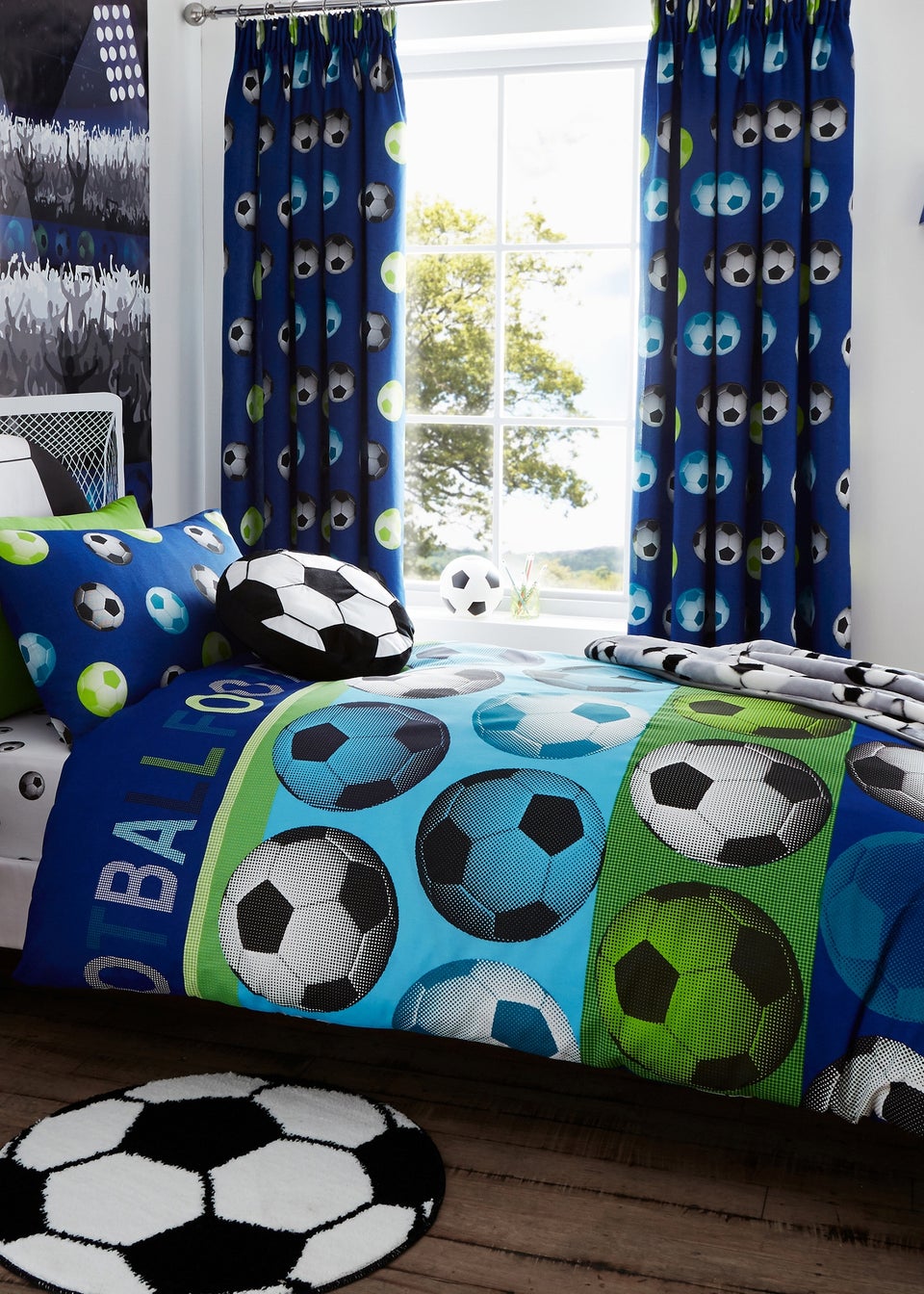 Catherine Lansfield Kids Football Lined Pencil Pleat Blue Curtains